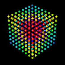 räumliches Lentikular-Bild, 3d, ein Würfel dessen Flächen aus einer 8x8 Matrix von Kugeln in Farben des Spektrums, schwarzer Hintergrund  