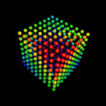 räumliches Lentikular-Bild, 3d, ein Würfel aus vielen kleinen Kugeln, der sich aus einem anderen Blickwinkel in eine gleich große Kugel, deren Oberfläche aus vielen kleinen Würfeln in den Farben des Spektrums bestehen, wandelt, schwarzer Hintergrund 