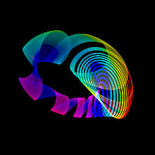 räumliches Lentikular-Bild, 3d, fraktal, spiralförmig, Spektralfarben, schwarzer Hintergrund 