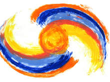 räumliches Lentikular-Bild, 3d, jin und jan, in der Mitte eine sonnenkugel, orange, gelb, hell blau, blau, weisser Hintergrund